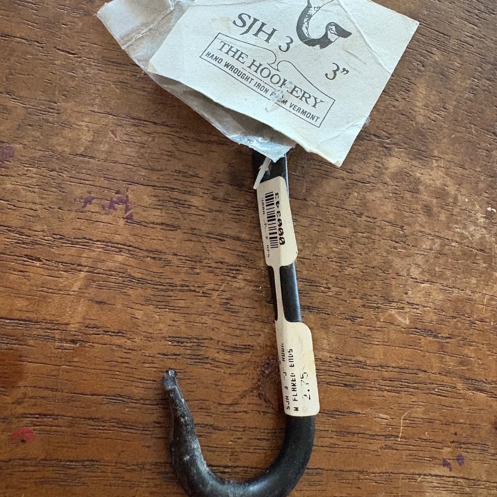 The Hookery SJH-3 3" Hand Wrought Iron J Hook Flared Ends Vermont Made Black‎